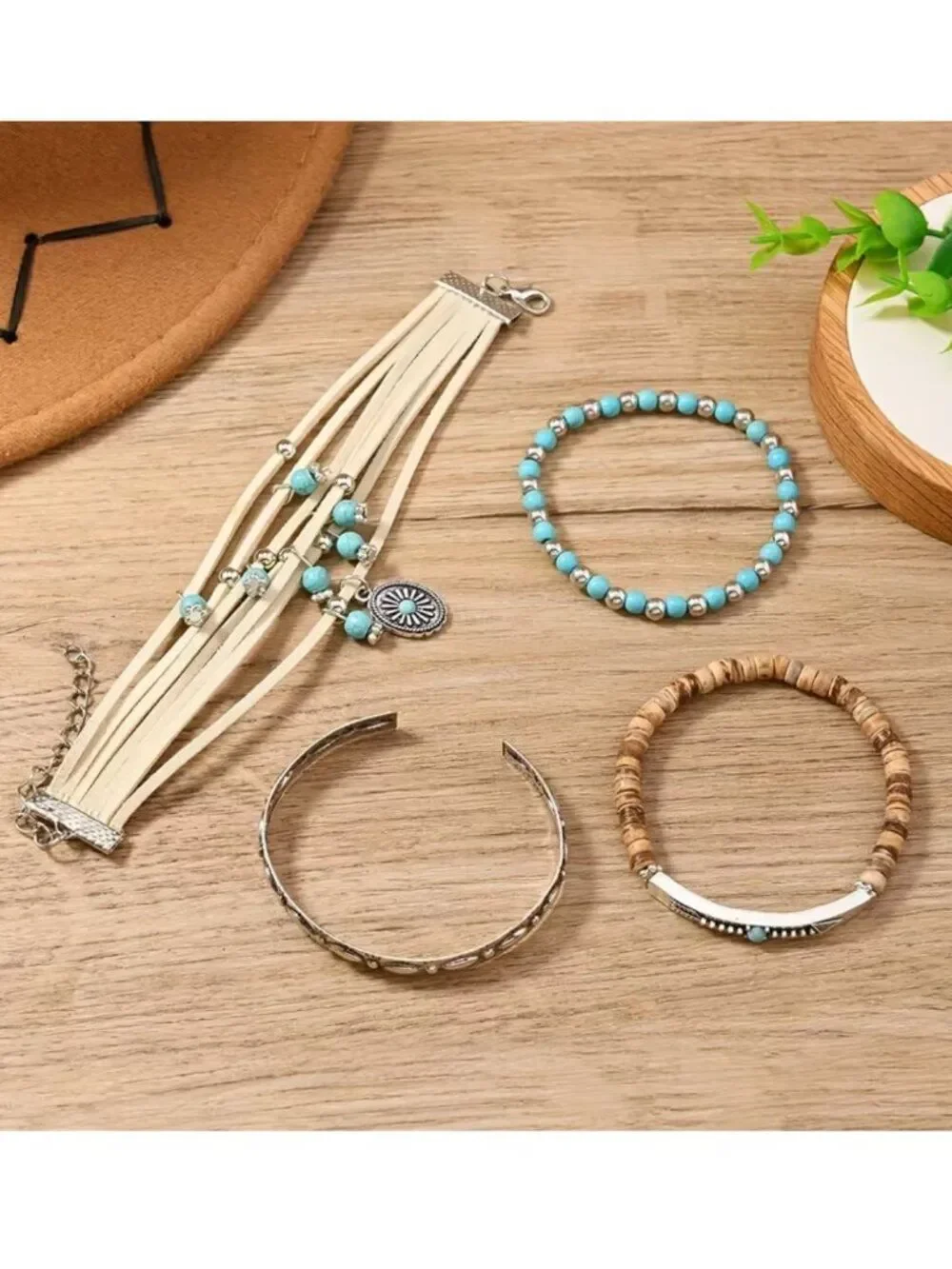 NWT Western Boho Faux Turquoise Stacked Bracelet Set PU Leather Charm Cuff